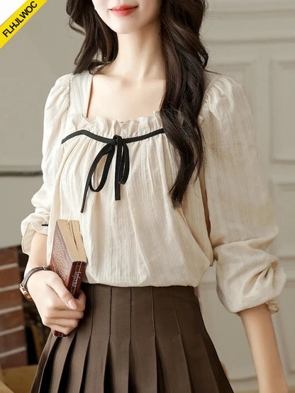 Cralom Square Neck Ruffles Doll Shirt with Bow Tie for Women