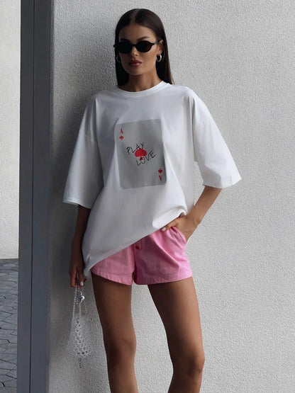 Cralom Poker Card Print T-Shirt Women's O-Neck Summer Top