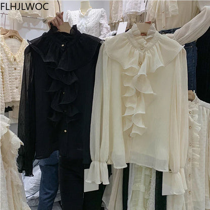 Cralom Ruffled White Long Sleeve Shirt - Elegant Office Lady Blouse