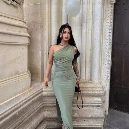 Cralom Summer Solid Color Shoulder Slit Dress