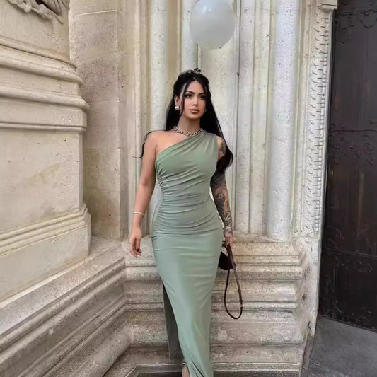 Cralom Summer Solid Color Shoulder Slit Dress