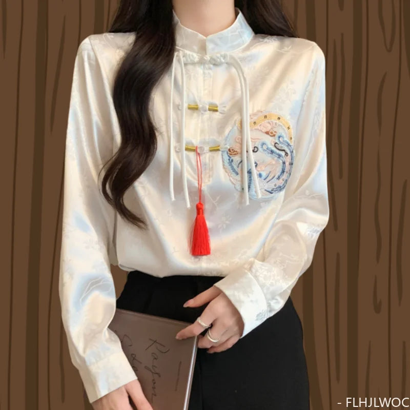 Cralom 2024 Spring Stand Collar Bow Tie Embroidered Blouse Vintage Button Shirt