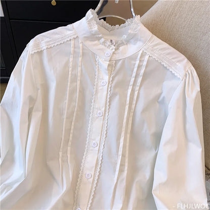 Cralom Retro Lace Button Blouse Women's Long Sleeve Stand Collar Top