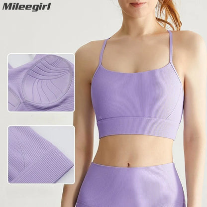 Cralom Ribbed Yoga Bra with Built-in Pads and Thin Straps for Gym and Running
