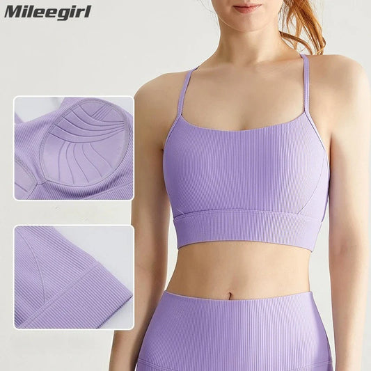 Cralom Ribbed Yoga Bra with Built-in Pads and Thin Straps for Gym and Running