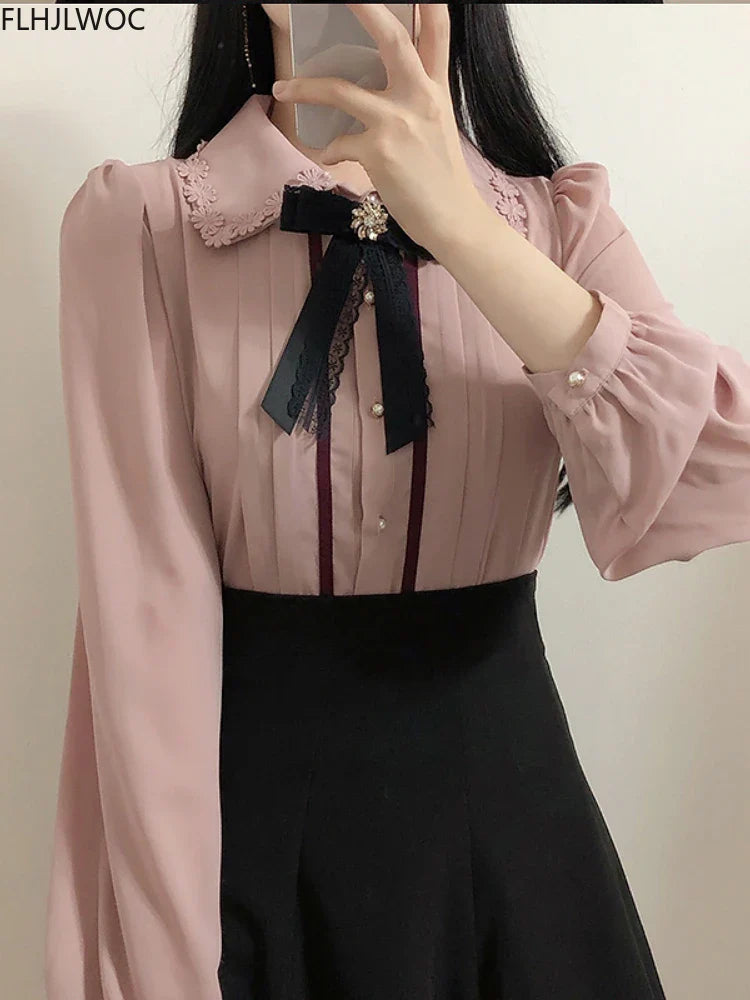 Cralom Spring Women's Preppy Button Shirts Pink White Vintage Design