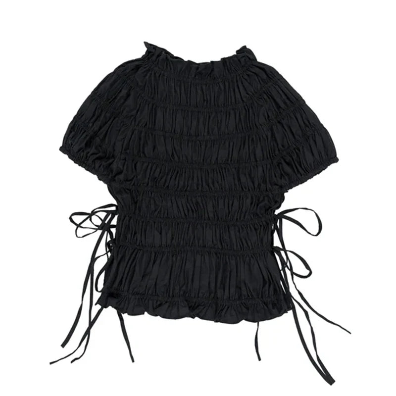 Cralom Lace Up Pleated High Neck Shirt - Vintage Style Slim Fit Top