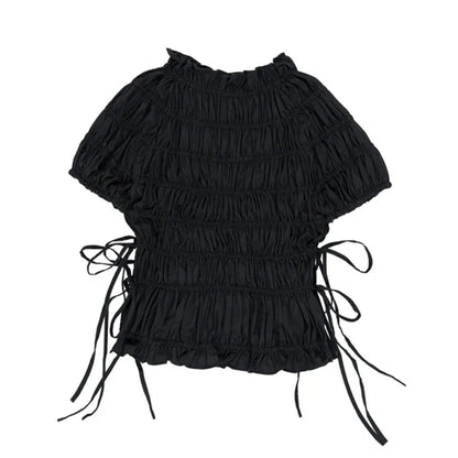 Cralom Lace Up Pleated High Neck Shirt - Vintage Style Slim Fit Top