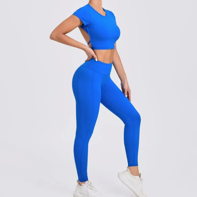 Cralom Cross Back Sports Bra Set - High Waist Leggings Gym Outfit