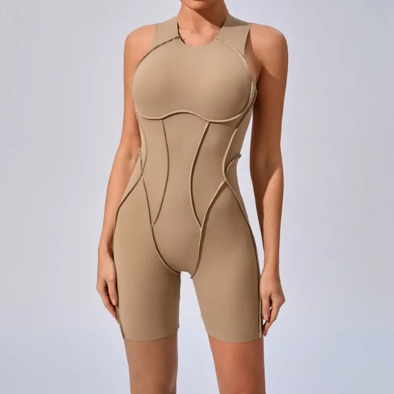 Cralom 3D Line Tight Yoga Jumpsuit Open Back Fitness Bodysuit Women