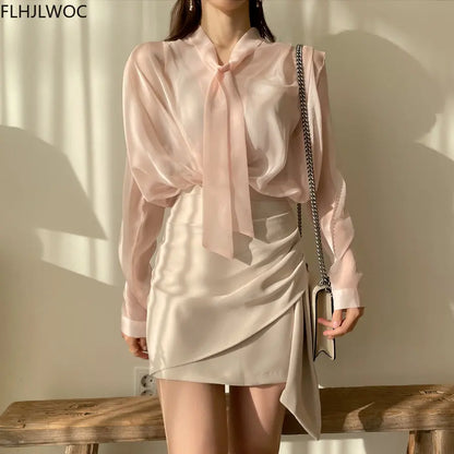 Cralom Sheer Bow Tie Blouse - Elegant Office Chic Fashion for Women