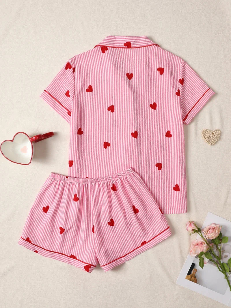 Cralom Pink Heart Print Pajama Set: Short Sleeve Top, Elastic Shorts Homewear
