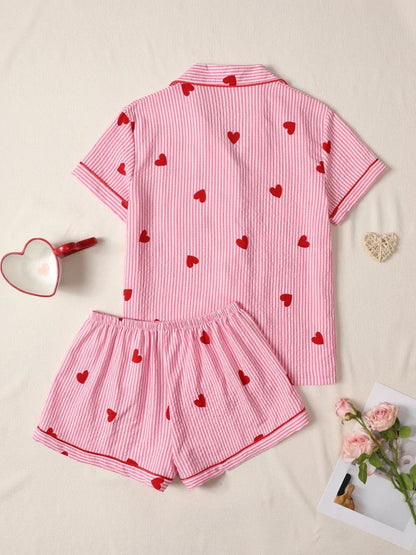 Cralom Pink Heart Print Pajama Set: Short Sleeve Top, Elastic Shorts Homewear