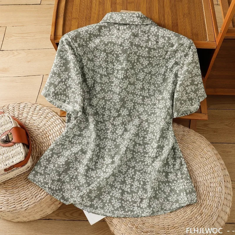 Cralom Vintage Floral Print Button Shirt Slim Waist Retro Design Women Summer Tops