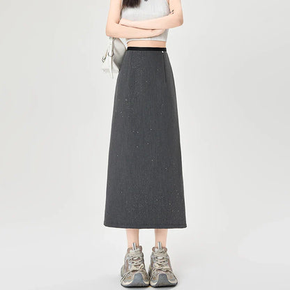 Cralom Elegant Sequins Suit Skirt- High Waist Slim A Line Midi Skirt