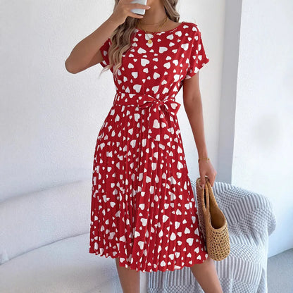 Cralom Heart Short Sleeve Waist Cinched Pleated Dress, Summer 2025