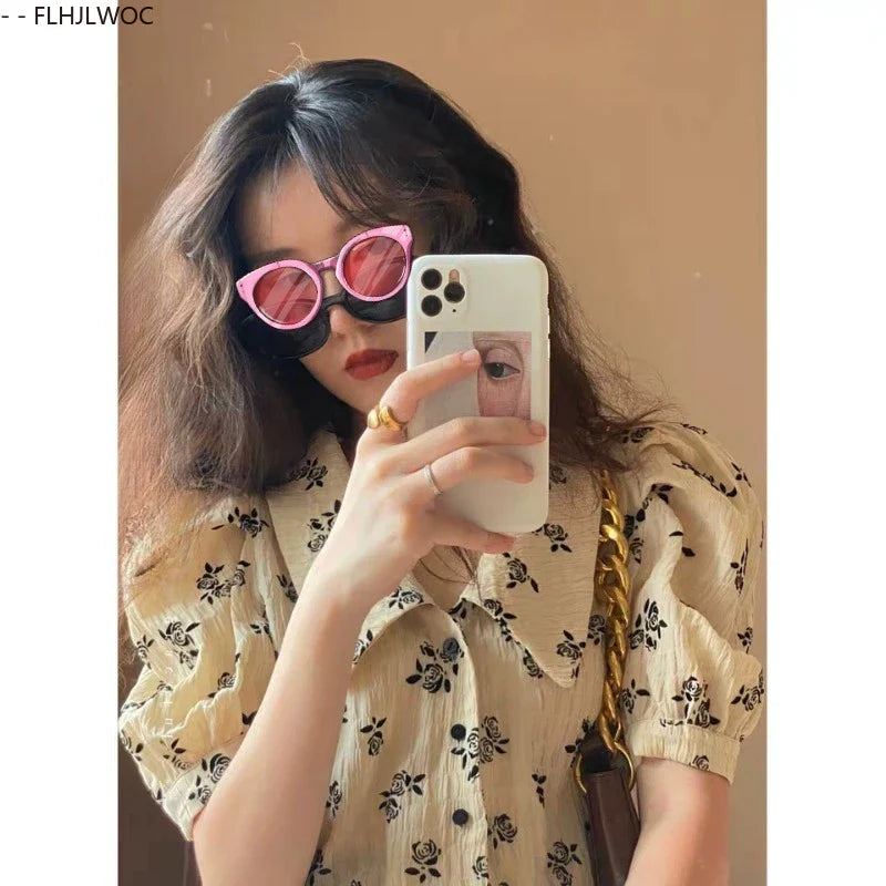 Cralom 2025 Summer Puff Sleeve Floral Print Vintage Shirts