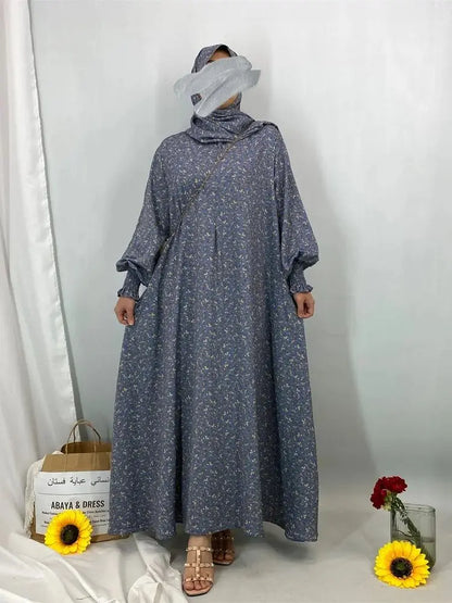 Ramadan Floral Print Abaya Hooded Kaftan by Cralom: Elegant Muslim Dress for Women