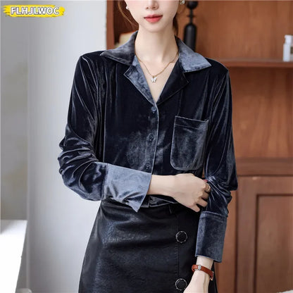 Cralom Long Sleeve Solid Gray Velvet Blouse French Style Women's Winter Top