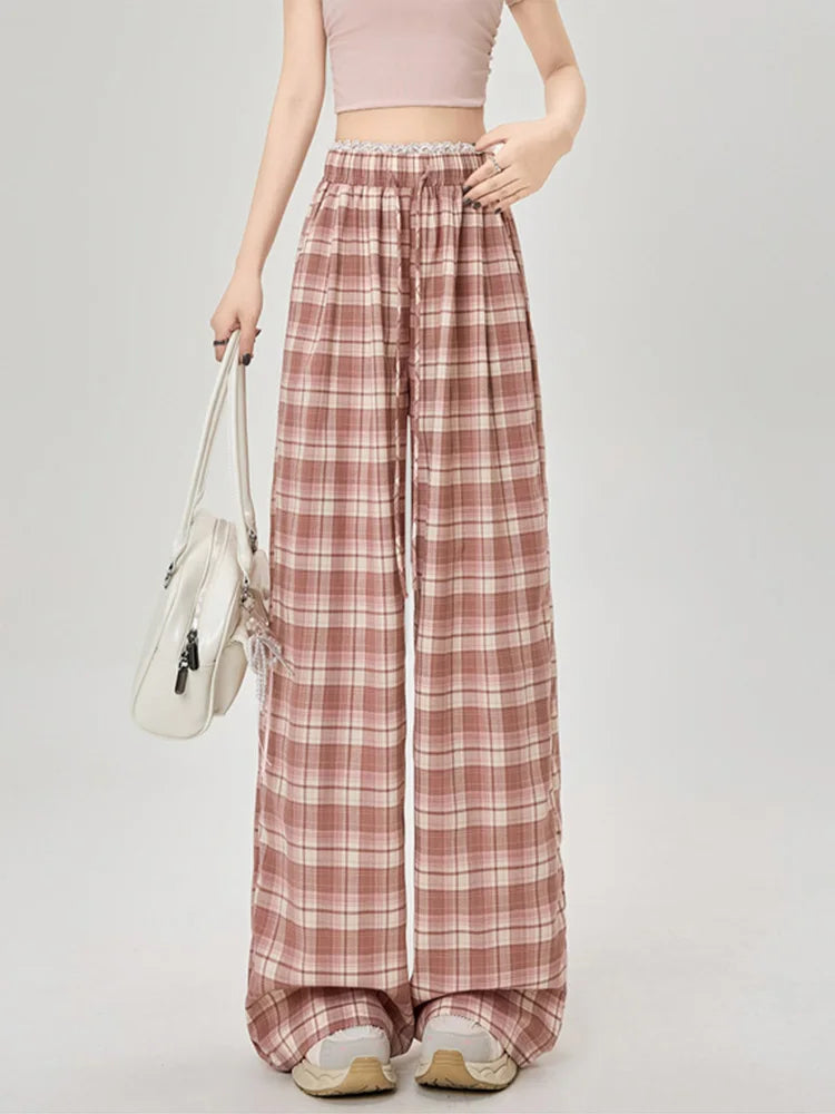 Cralom Plaid Lace Spliced Wide Leg Pants - Spring/Summer 2025 Collection