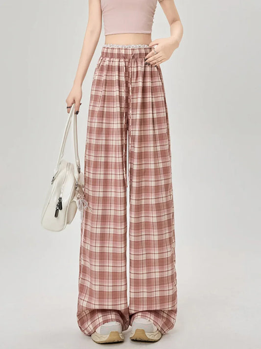 Cralom Plaid Lace Spliced Wide Leg Pants - Spring/Summer 2025 Collection