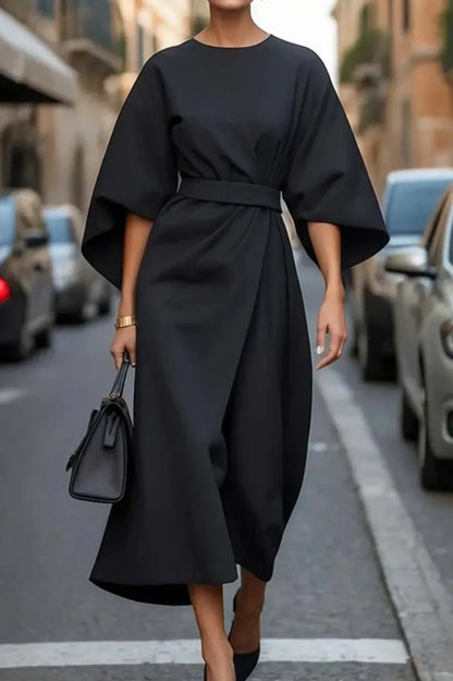 Cralom Solid Color Waist Cinched Batwing Sleeve Long Dress - 2025 Autumn