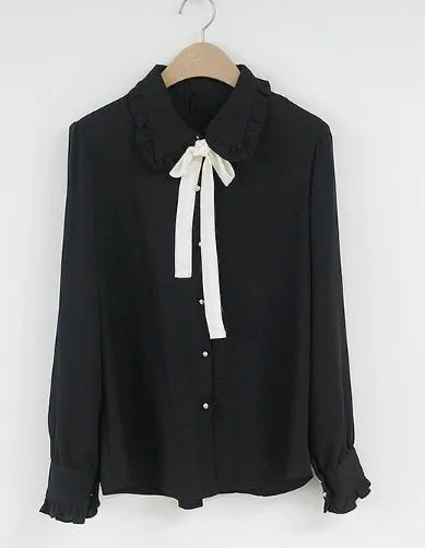 Cute Preppy Style Chiffon Blouse Girls Bow Tie Shirt Peter Pan Collar Top by Cralom