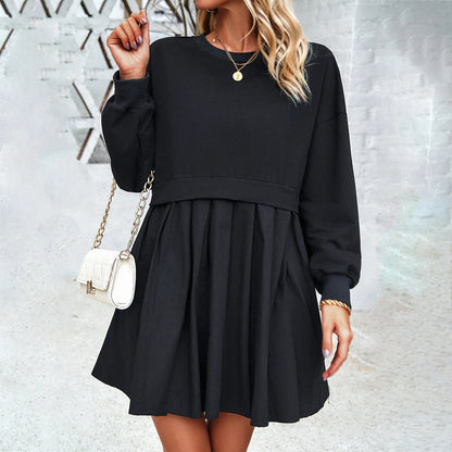 Cralom Long Sleeve Round Neck Patchwork Dress for Spring/Summer