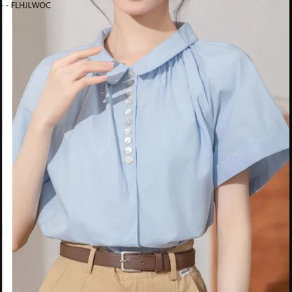 Cralom Short Sleeve Peter Pan Collar Top - Pink Vintage Summer Blouse