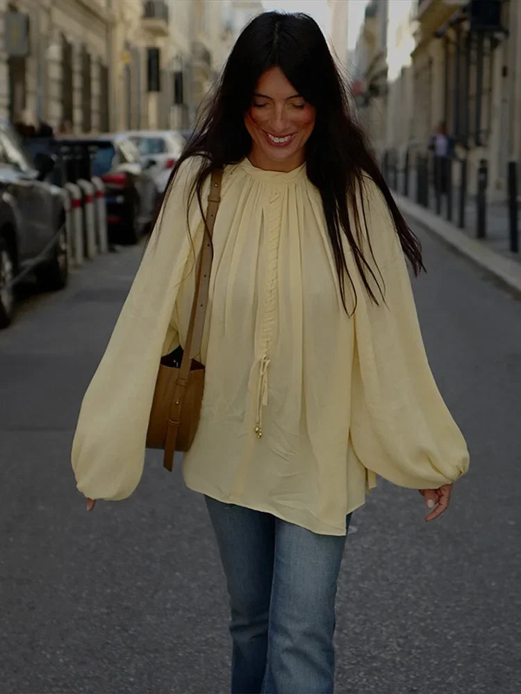 Cralom Elegant Chiffon Lantern Sleeve Loose T-shirt - Summer Autumn Fashion