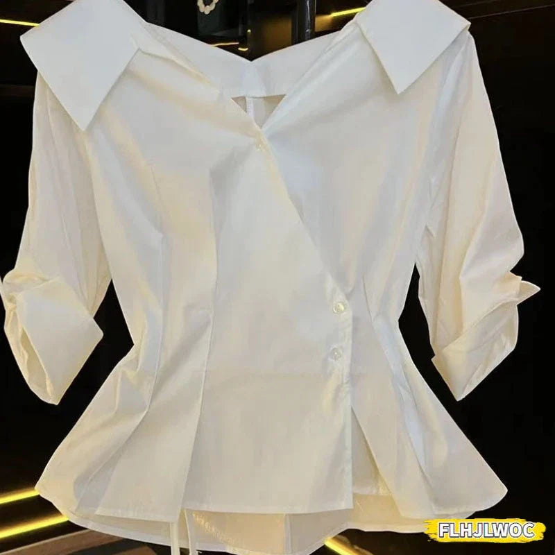Cralom Blue Cotton Peplum Office Blouse French Style V-Neck Button-Up