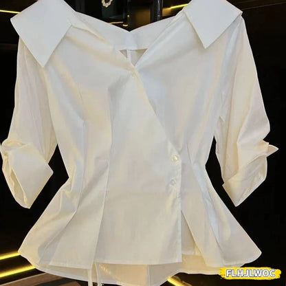 Cralom Blue Cotton Peplum Office Blouse French Style V-Neck Button-Up