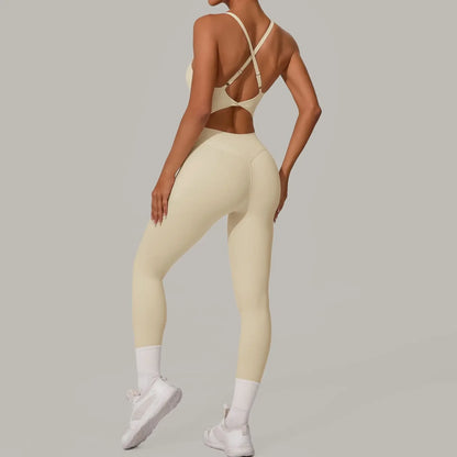 Cralom Seamless Yoga Jumpsuit with Cross Waist Buckle