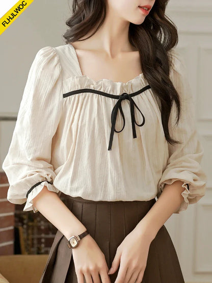 Cralom Square Neck Ruffles Doll Shirt with Bow Tie for Women