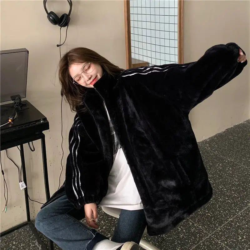 Cralom Furry Collar Cotton-padded Jacket Coat Women Y2K Streetwear Casual Coat