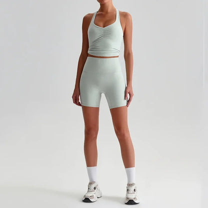 Cralom Women's Naked Feel Yoga Set with Backless Sports Bra and Butt Lifting Tight Shorts