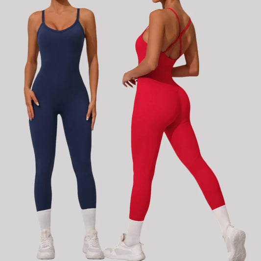 Cralom Seamless Cross Back Yoga Jumpsuit - Adjustable Straps, Butt Lifting