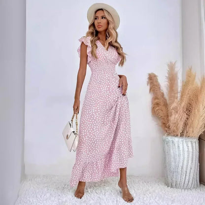 Cralom Floral V-Neck High Waist Dress with Lotus Leaf Sleeves for Summer 2025
