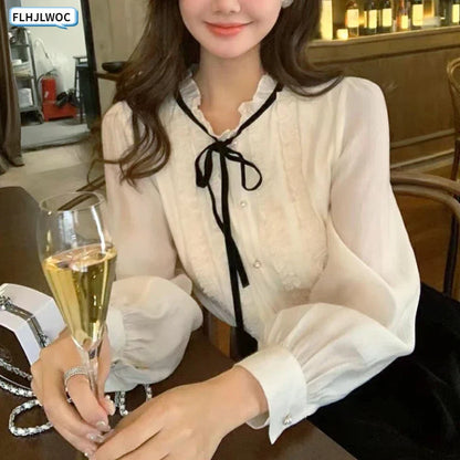 Cralom Lace Ruffled Ribbon Tops with Bow Tie/Button, Elegant Blouses