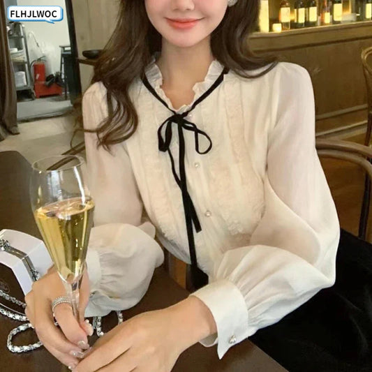 Cralom Lace Ruffled Ribbon Tops with Bow Tie/Button, Elegant Blouses