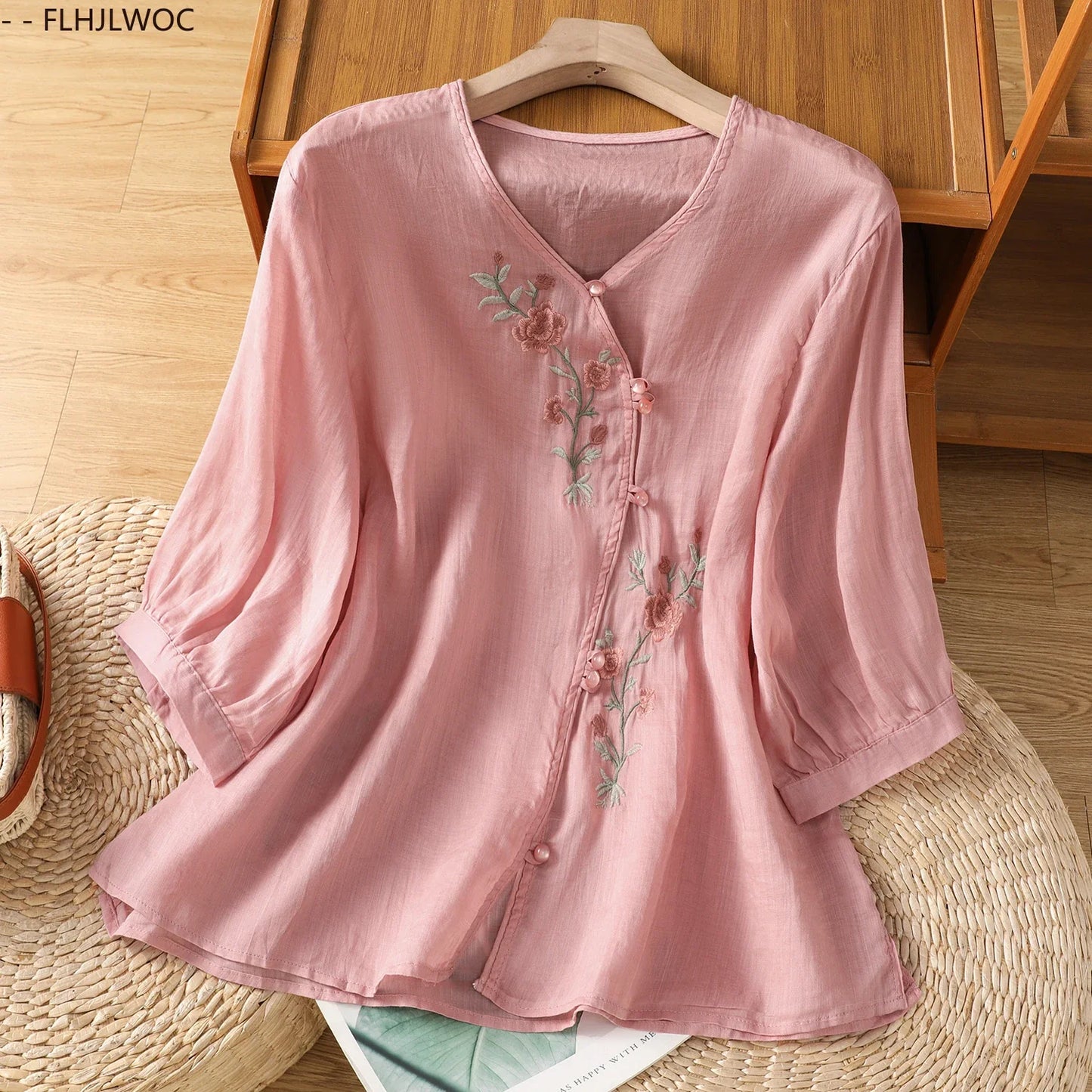 Cralom Floral Print Cotton Linen Blouse.Country Style Rustic Top for Mori Girls