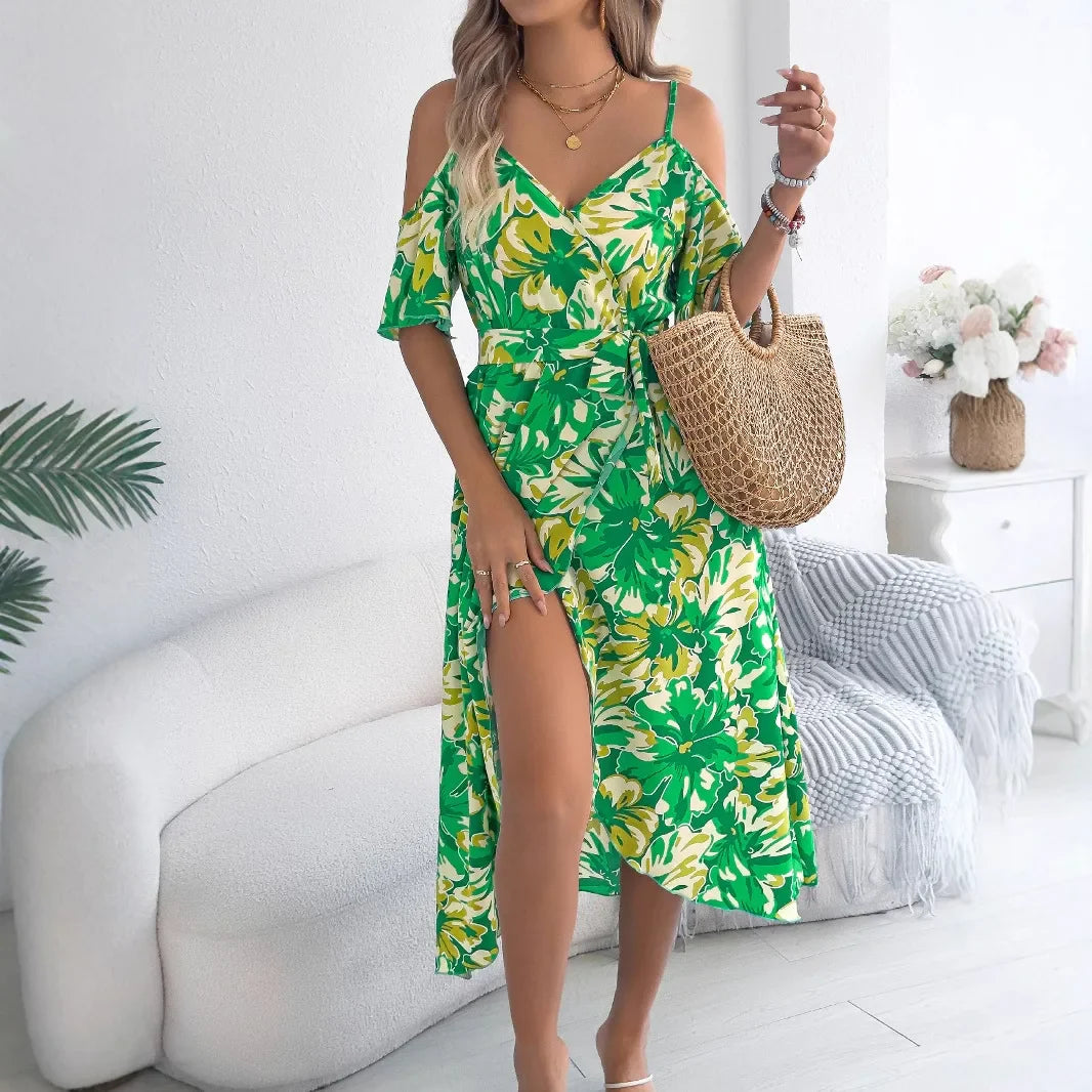 Cralom Floral Suspender Off Shoulder Vacation Dress