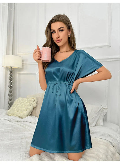 Cralom Satin Nightgown: Soft V-Neck, Short Sleeve, Loose Fit Sleepwear