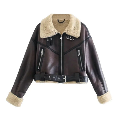 Cralom Faux Lamb Leather Fur Jacket with Belt - Women's Winter Streetwear Coat