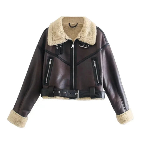 Cralom Faux Lamb Leather Fur Jacket with Belt - Women's Winter Streetwear Coat