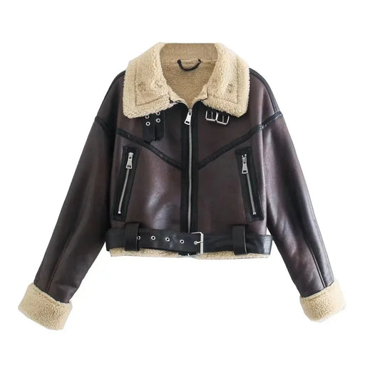 Cralom Faux Lamb Leather Fur Jacket with Belt - Women's Winter Streetwear Coat