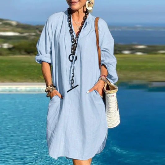 Cralom Linen V-neck Long Sleeve Irregular Slit Shirt Dress