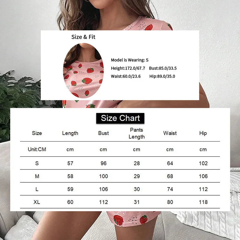 Cralom Strawberry Print Pajama Set: Cute Top & Shorts for Summer Comfort