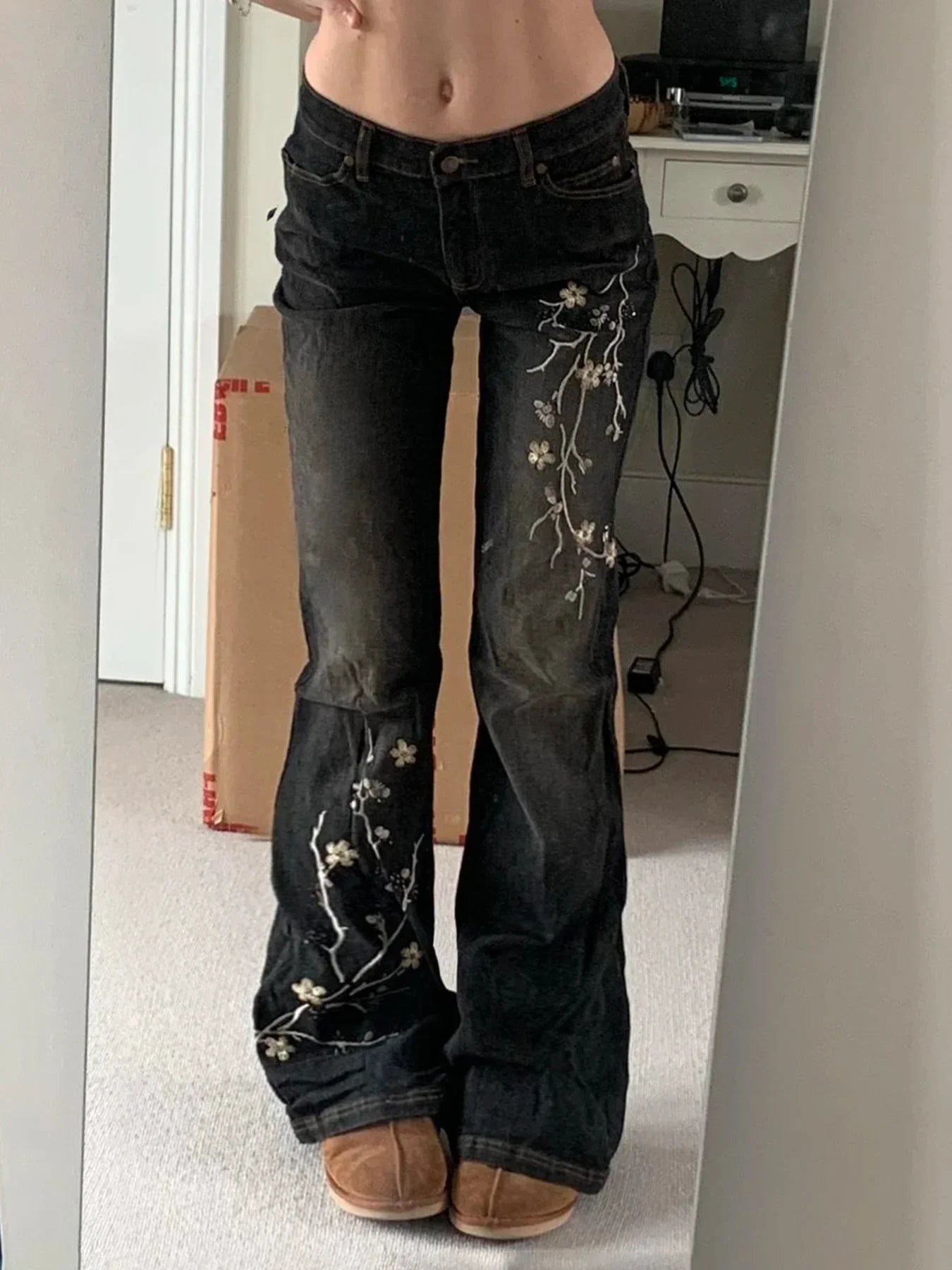 Cralom Vintage Embroidery Flare Jeans - High Waist Slim Straight Pants