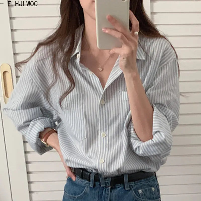 Cralom Striped Boyfriend Shirts: Sweet Girls' Retro Tops for a Cute Preppy Look